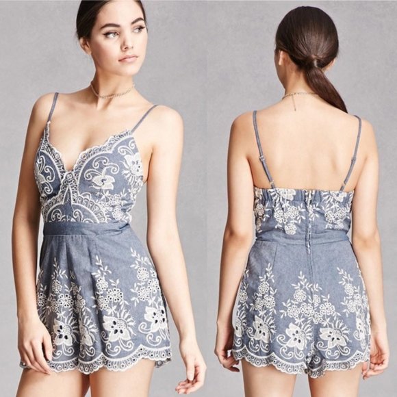 Floral Chambray Romper - Picture 1 of 8